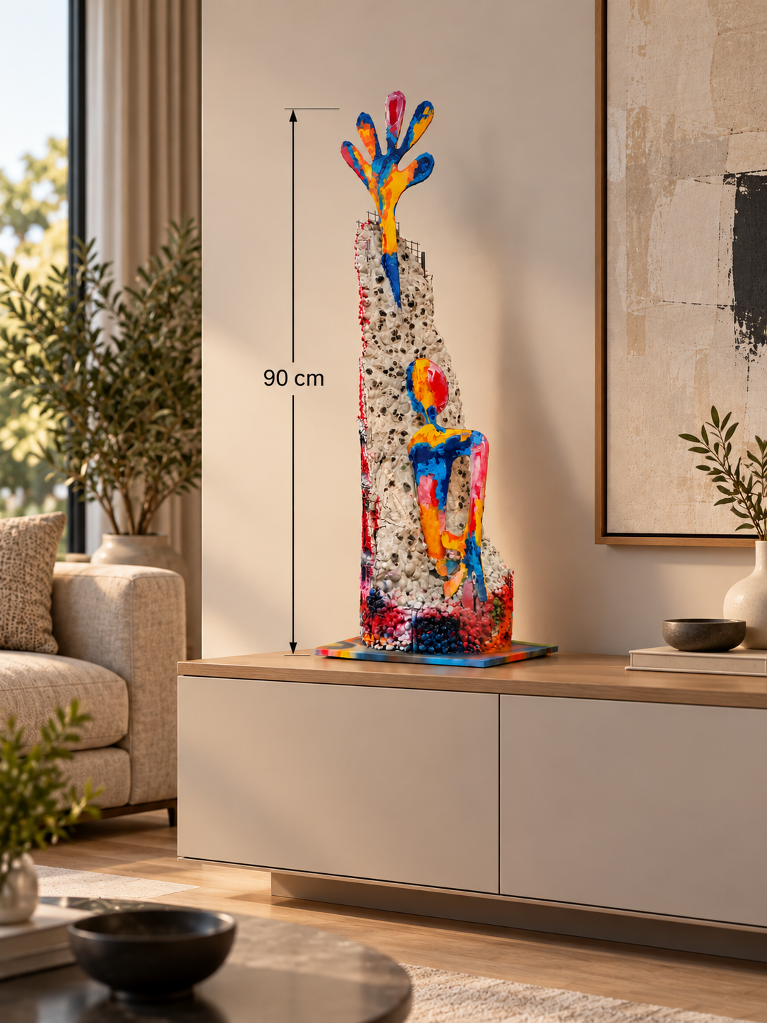 Simulación de escultura de 90 cm en salón minimalista