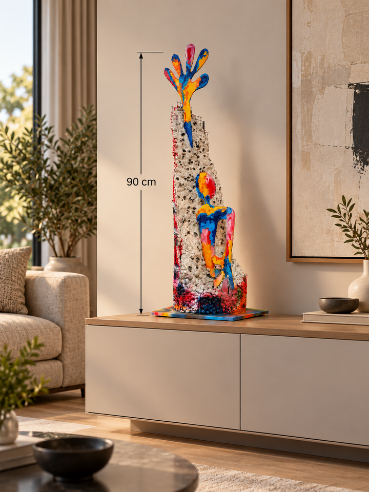 Simulación de escultura de 90 cm en salón minimalista